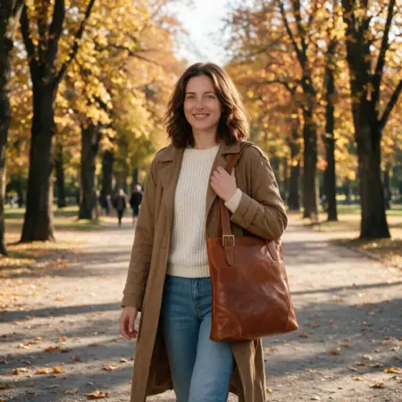 Žena nese koňakovou koženou kabelku Alessia přes rameno v podzimním parku