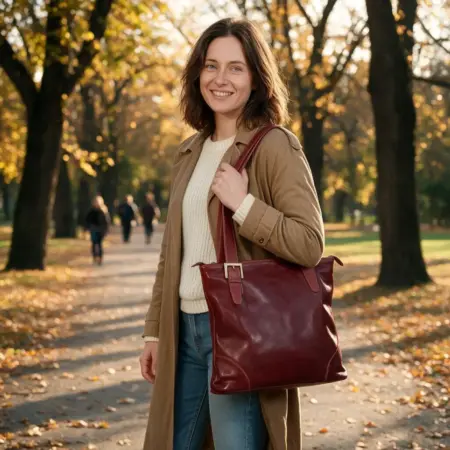 Žena nese červenou koženou kabelku Alessia přes rameno v podzimním parku