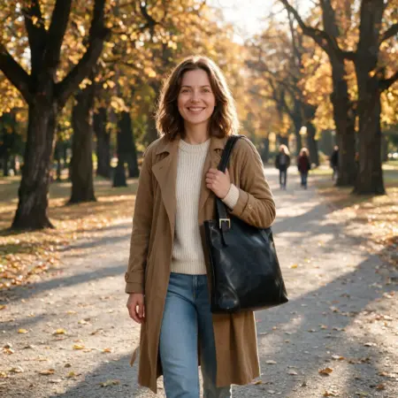 Žena nese černou koženou kabelku Alessia přes rameno v podzimním parku