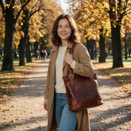 Žena nese hnědou koženou kabelku Alessia přes rameno v podzimním parku