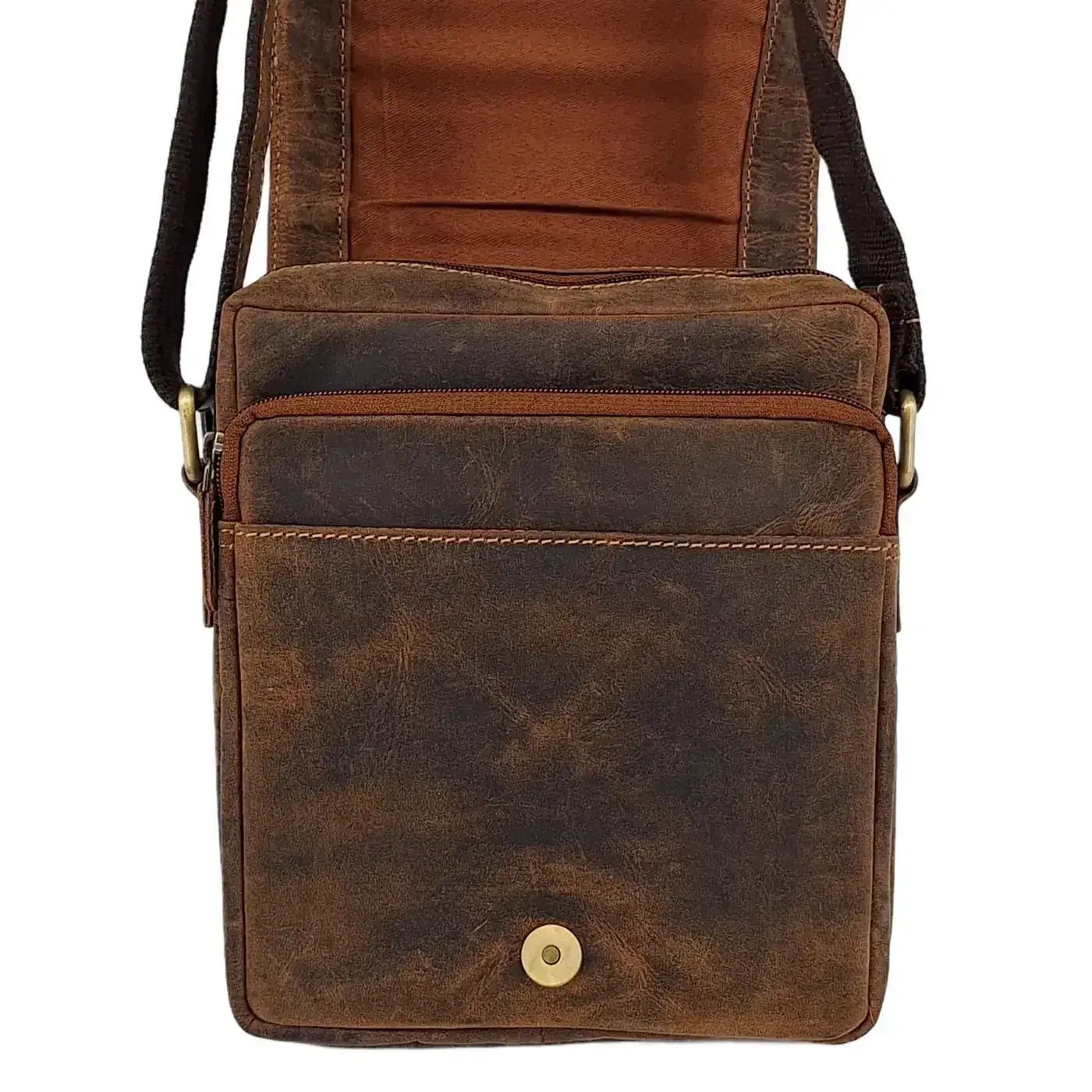 Pánská kožená taška přes rameno Chris 082102 » REFORM Hnědá taška Chris s otevřenou klopou: přední kapsa na zip, otevřená kapsa a magnet