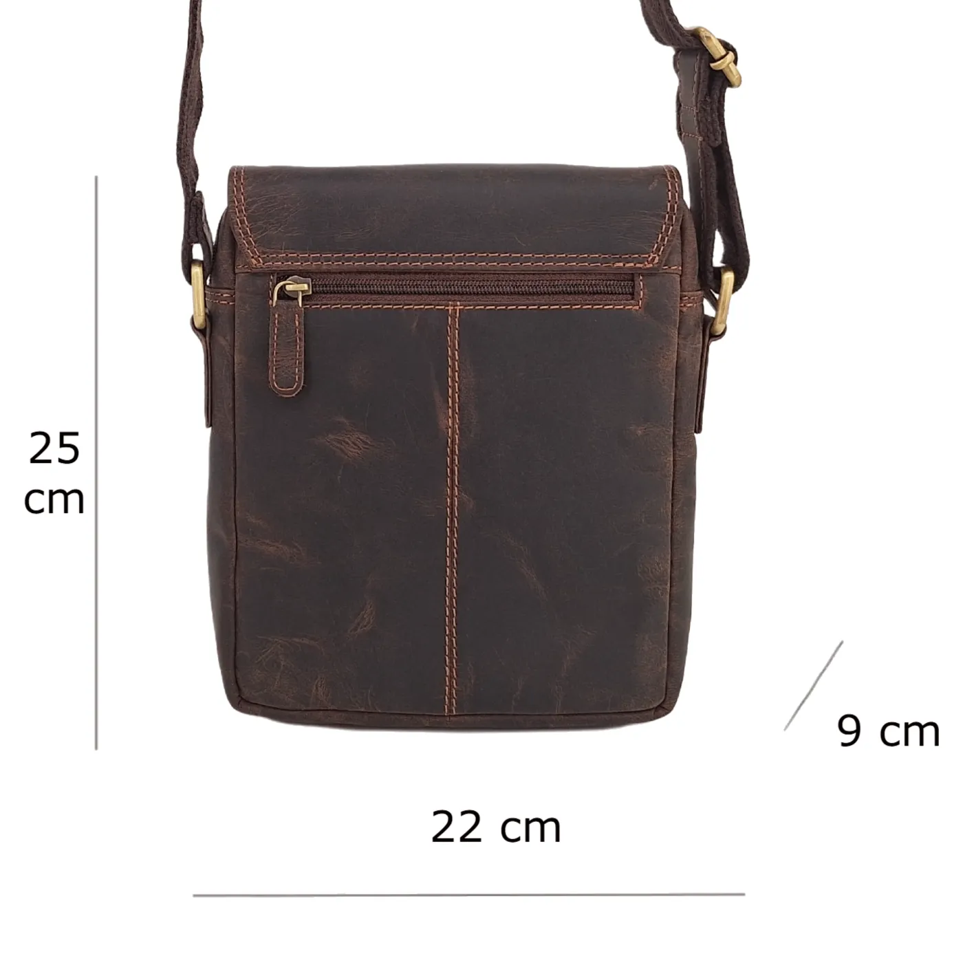 Pánská kožená taška přes rameno Chris 082106 » REFORM Rozměry tmavě hnědé kožené tašky Chris: šířka 22 cm, výška 25 cm, hloubka 9 cm