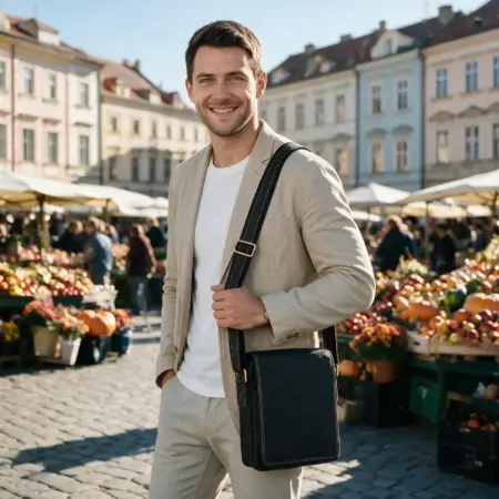 Muž nese černou koženou tašku Dan na levém rameni mezi stánky na Zelném trhu v Brně