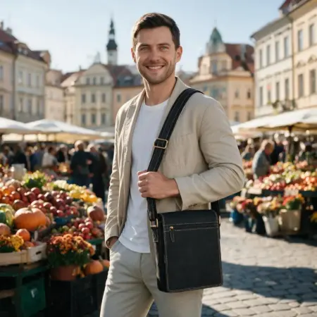 Muž nese černou koženou tašku Dan na levém rameni mezi stánky na Zelném trhu v Brně
