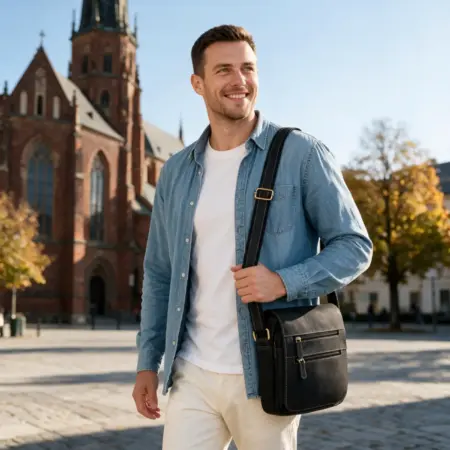 Muž nese černou koženou tašku David na rameni na náměstí u gotické baziliky