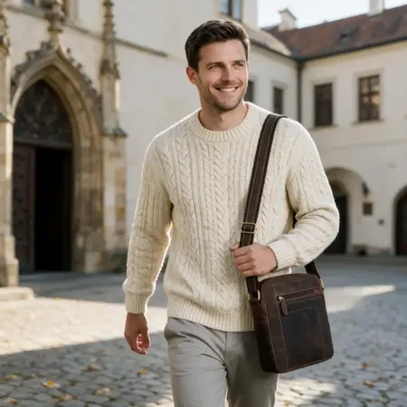 Muž v bílém svetru nese tmavě hnědou tašku Dylan na rameni ve městě