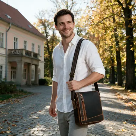 Muž v bílé lněné košili nese hnědou koženou tašku Jay na rameni u historické vily