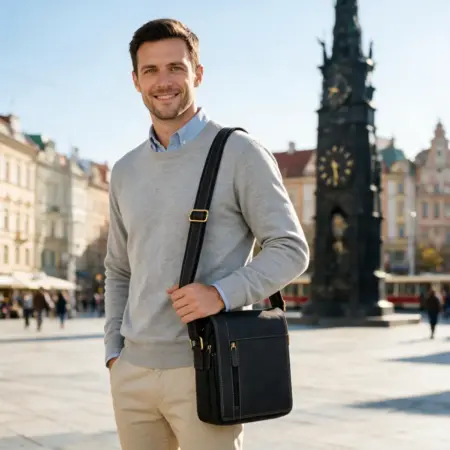 Muž nese černou koženou tašku Mark na rameni na slunném náměstí se starou zástavbou