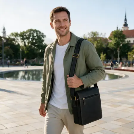 Muž nese černou koženou tašku William na rameni na Moravském náměstí v Brně